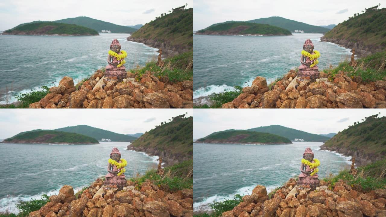海边石头上的佛像，海岸线美景，泰国佛教亚洲