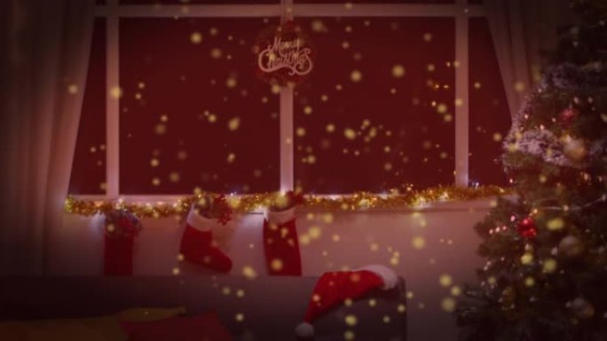 背景中圣诞节雪落在圣诞节窗户上的动画