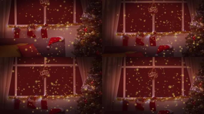 背景中圣诞节雪落在圣诞节窗户上的动画