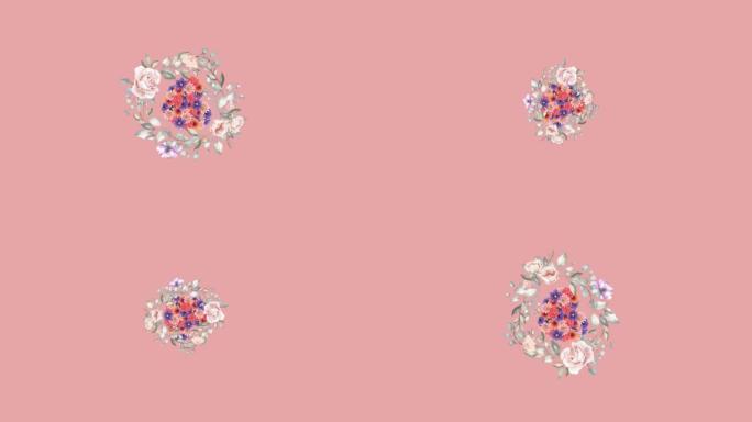 粉红色背景上的花朵心形和淡花花环的动画