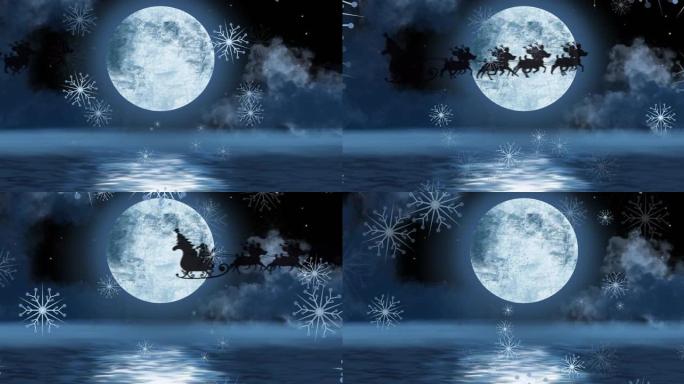 圣诞节时雪落在雪橇上的圣诞老人的动画