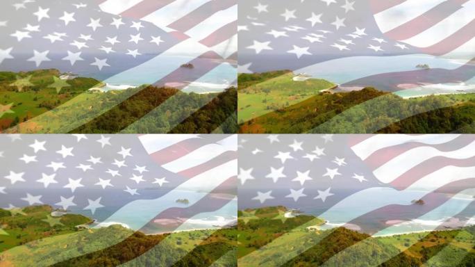 美国国旗在海滩景观上吹拂的动画