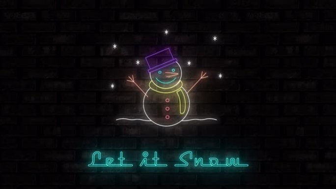 霓虹灯动画让它雪文本和黑色背景上的雪人
