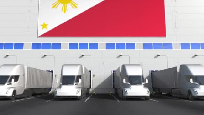 带有菲律宾国旗的仓库湾的电动卡车