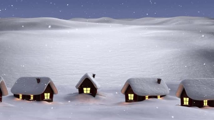雪落在夜空的冬季景观上的多个房屋上