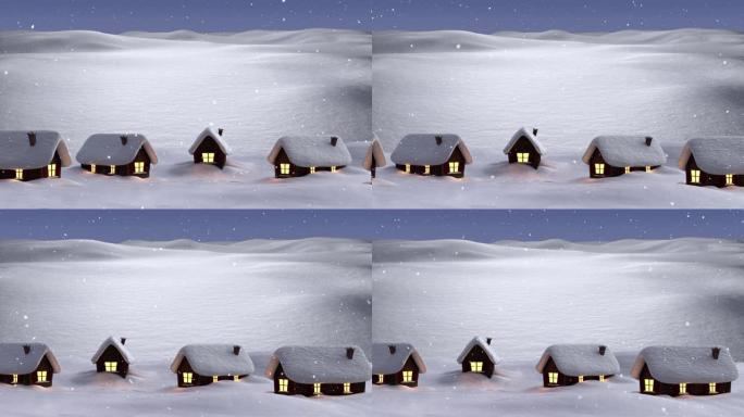 雪落在夜空的冬季景观上的多个房屋上