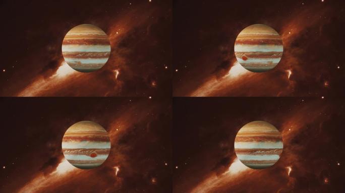 宇宙史诗背景的木星。木星在太阳系中缓慢旋转。宇宙中的大行星。星际星系。巨大的气体巨人，有巨大的红色斑
