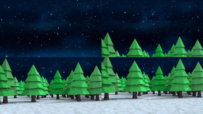 雪落在冬季景观上的多个树木图标上，蓝色背景上闪亮的星星