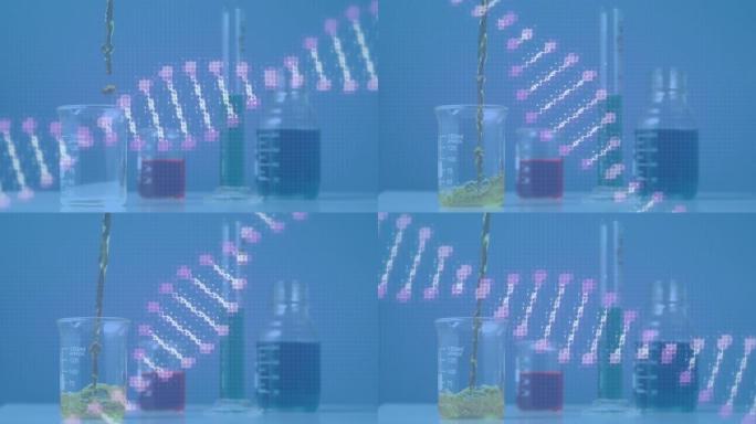 在蓝色背景上倒入量杯中的液体上的dna链动画