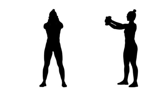 年轻女子的黑色剪影用哑铃锻炼。手部锻炼，女性健身。白色背景上的2合1拼贴正面和侧面视图全长。慢动作准