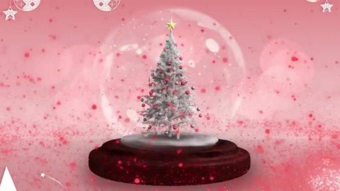 粉红色背景上的圣诞树在雪球上的流星动画