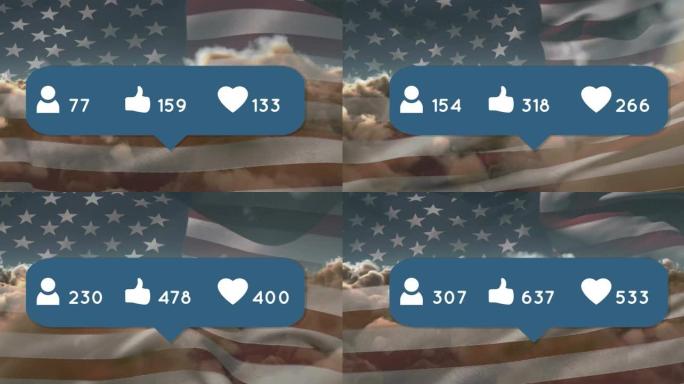 美国国旗上带有数字的社交媒体图标动画
