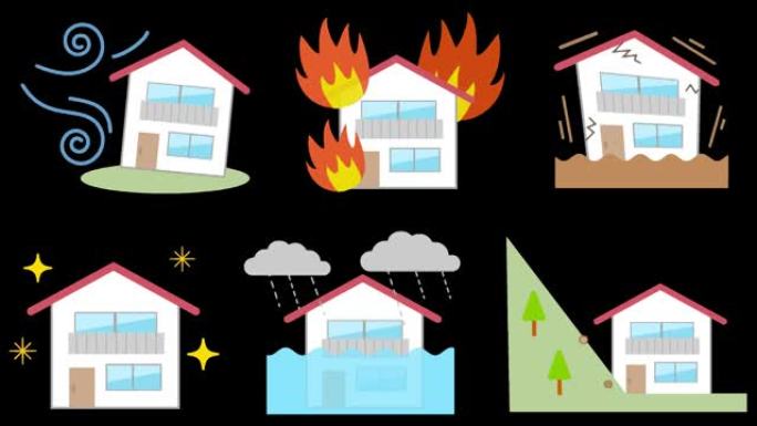 房屋和火灾、地震、洪水、山体滑坡等自然灾害的动画视频。