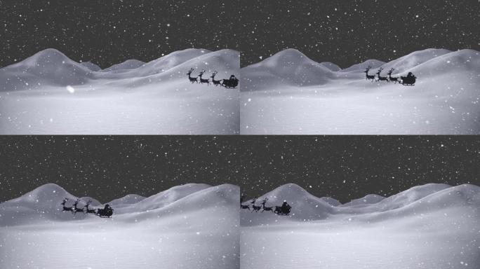 圣诞老人在雪橇上的动画，驯鹿在冬天的雪地上落下