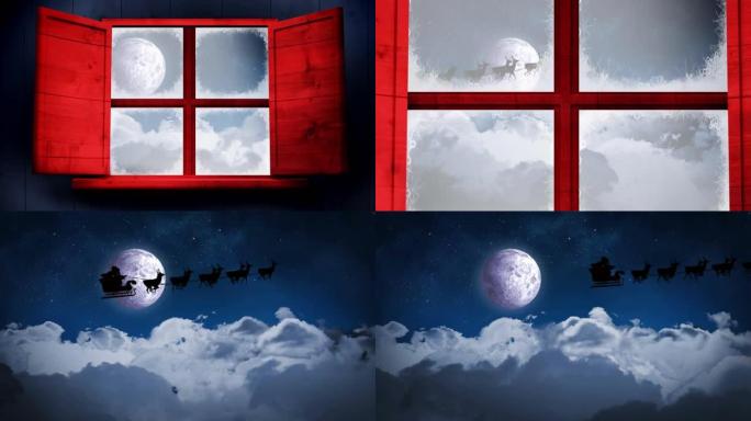 透过窗户看到的冬季景观和圣诞老人雪橇动画