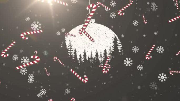糖果甘蔗掉落在圣诞节装饰品上的动画