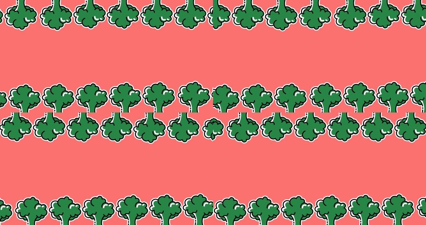 两排绿色西兰花在粉红色背景的顶部和底部移动的动画