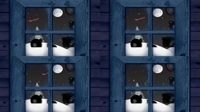 雪上的木制窗框落在圣诞节的小玩意上，在夜空的冬季景观上