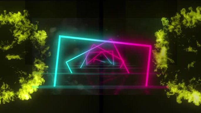 黑色背景上旋转的霓虹灯方块和爆炸的动画