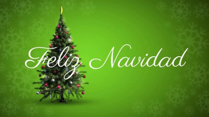 Feliz navidad文字和雪落在旋转的圣诞树上，绿色背景上的雪花