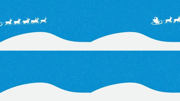 圣诞老人在雪橇上的动画，驯鹿和雪落在蓝色背景上