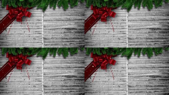 木制背景上的圣诞红色蝴蝶结动画