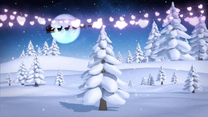 圣诞老人雪橇和圣诞灯在冬季景观上的动画