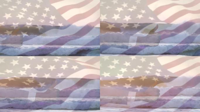 挥舞着美国国旗的数字构图，在大海中竖起大拇指