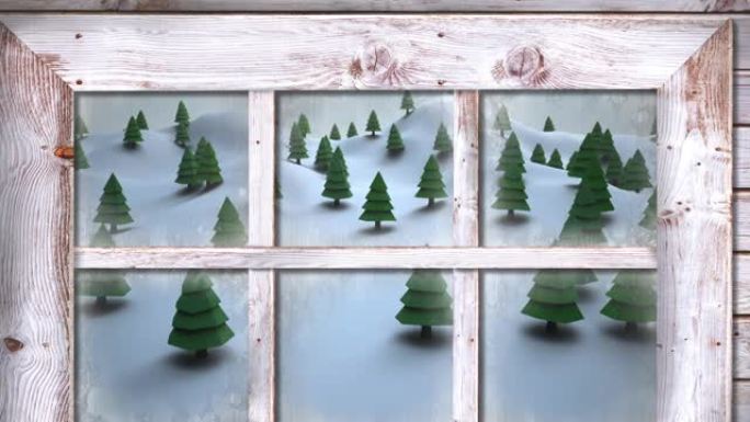 冬季景观上的多棵树的木制窗框