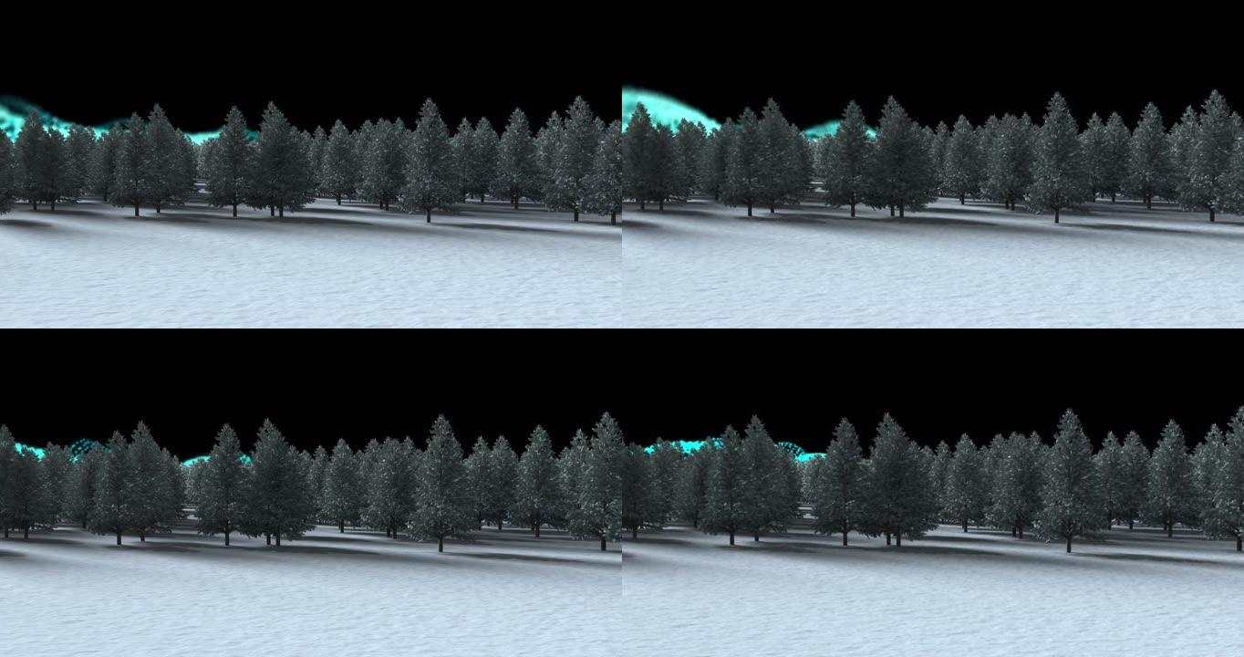 冬季景观上的多棵树木在蓝色背景下的绿色发光数字波上