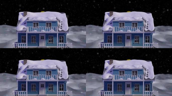 积雪覆盖的房屋上的积雪动画和冬季景观背景