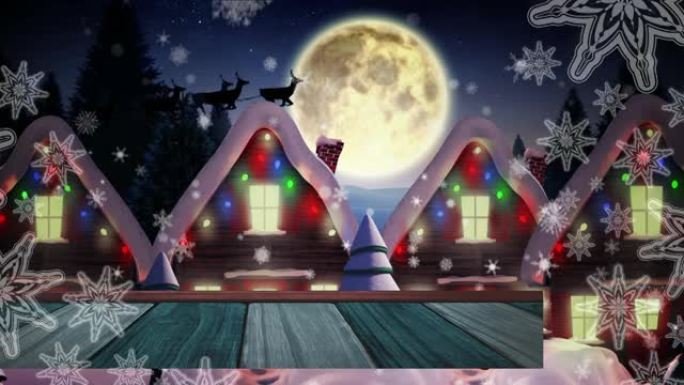 圣诞老人在雪橇上的动画，带有驯鹿，飘雪，月亮和圣诞节装饰