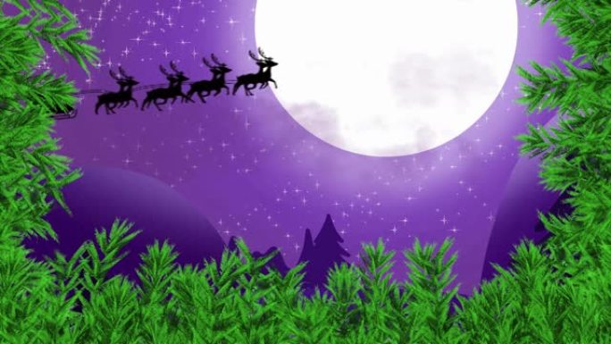 绿色的树枝在雪橇上的圣诞老人上被驯鹿拉向夜空