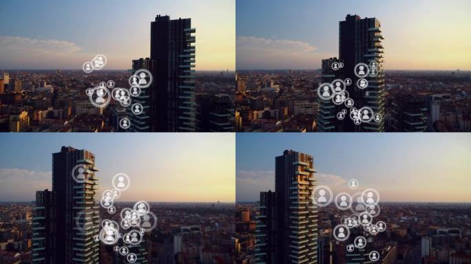 日落时在现代城市景观上移动的人的图标的动画