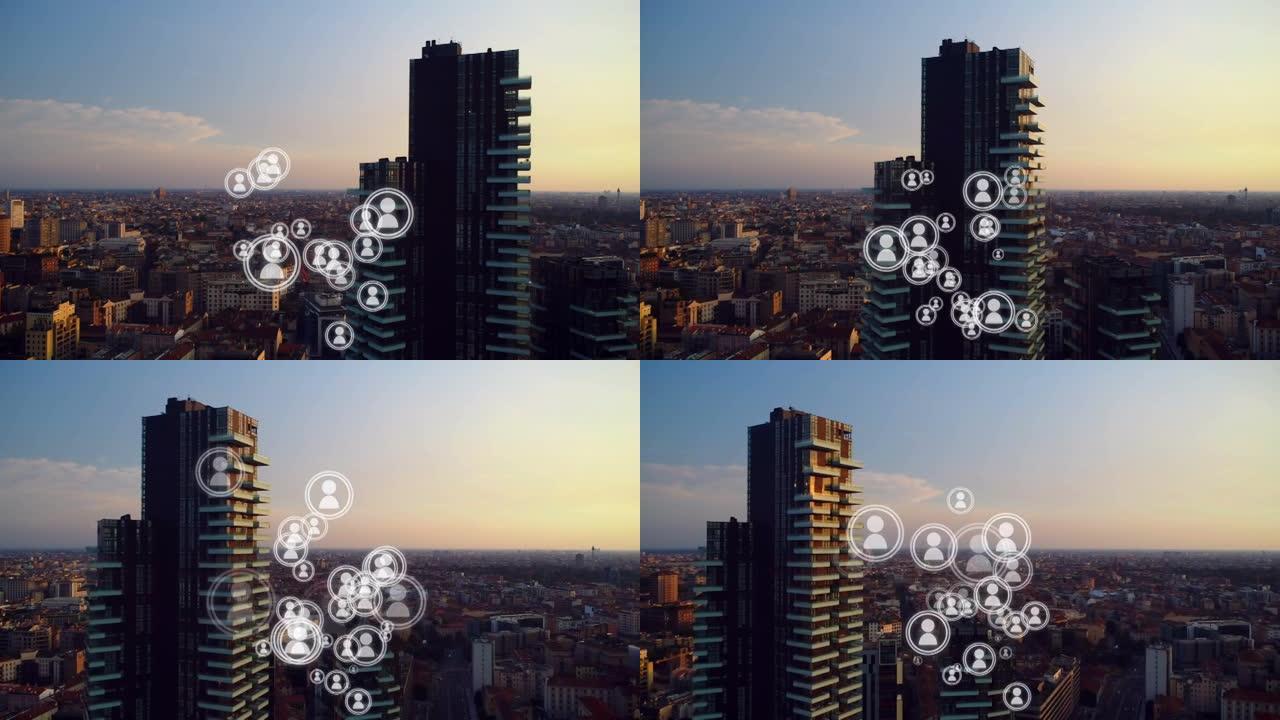 日落时在现代城市景观上移动的人的图标的动画