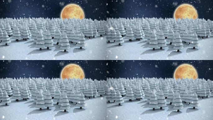 雪落在冬夜景观上的动画与杉树