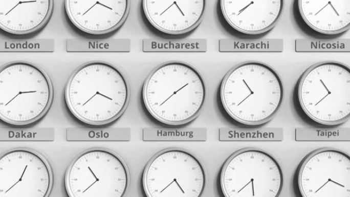 时钟显示不同时区之间的德国汉堡时间。3D动画