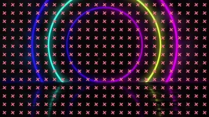 动画的霓虹灯圈和交叉在黑色背景