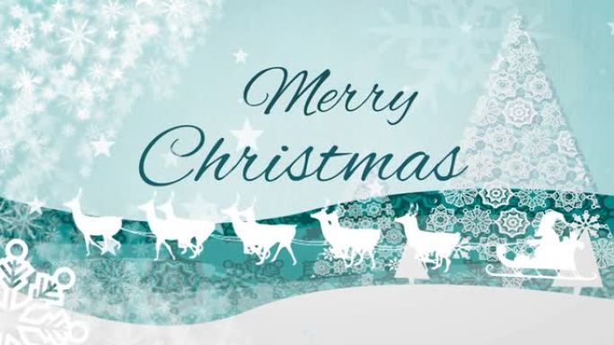 圣诞老人在雪橇和雪下落下的圣诞快乐文字动画