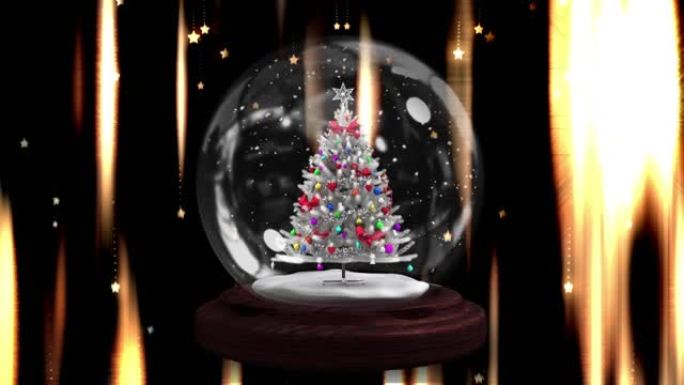黑色背景上带有圣诞树的雪球动画
