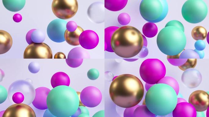 3d动画4K。抽象背景与彩球落下和跳跃。节日粉色蓝色金色气球