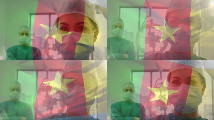 喀麦隆国旗在手术室挥舞着外科医生的动画