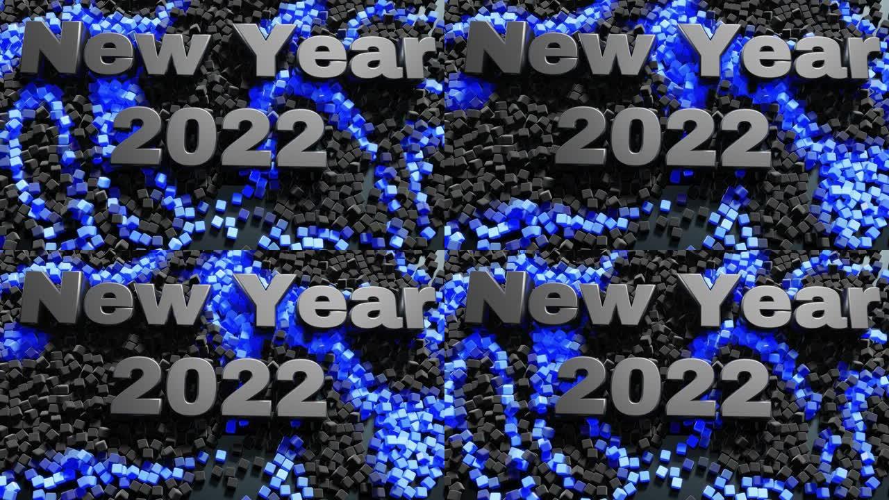 3D新年的环形背景，带有铭文新年和花环，散布在平面上的立方体点亮，形成美丽的图案。色彩和光线闪烁的波