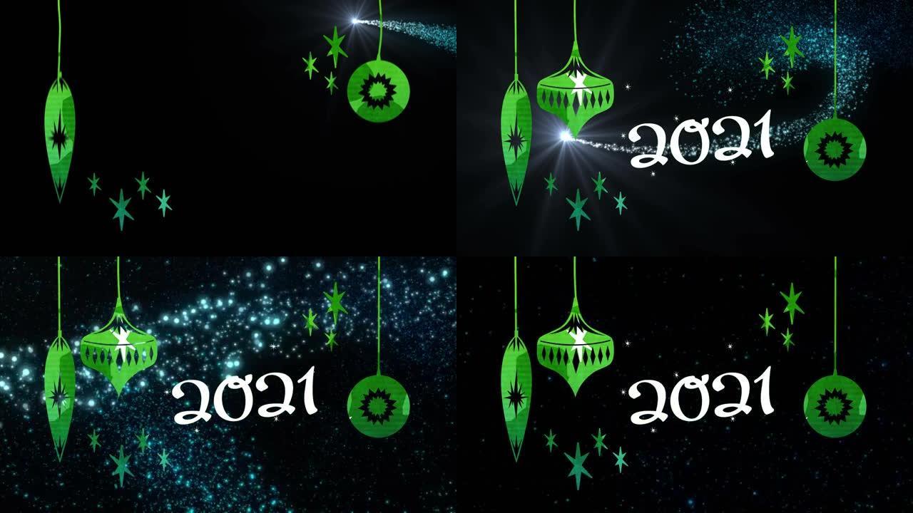 动画2021年文本，黑色背景上的光点上的圣诞树装饰