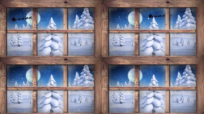 木制窗框抵御雪落在冬天的多棵树上，抵御夜空