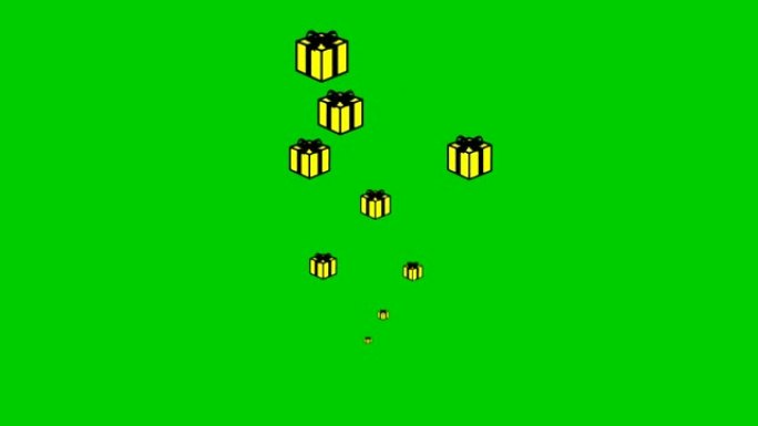 动画黄色礼物从下到上飞来飞去。现在的概念，奖金。绿色背景上孤立的礼物喷泉。