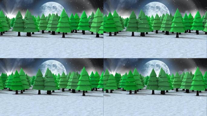 雪落在夜空中月亮的冬季景观上的多个树木图标上