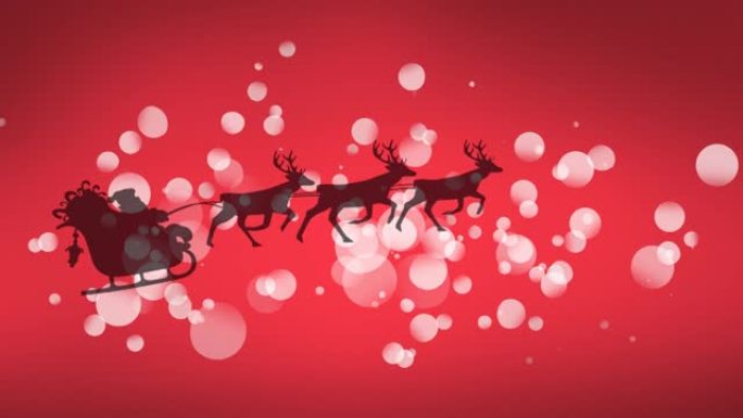 雪橇上的圣诞老人身上的白色光点被红色背景上的驯鹿拉动