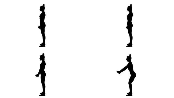 穿着运动服的年轻女子的黑色轮廓做运动，蹲在酒吧里。腿部和手臂锻炼，女性健身。白色背景上的全长侧视图。