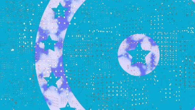 在蓝色背景上旋转的圆圈上的多个星星上的点图案设计的数字动画